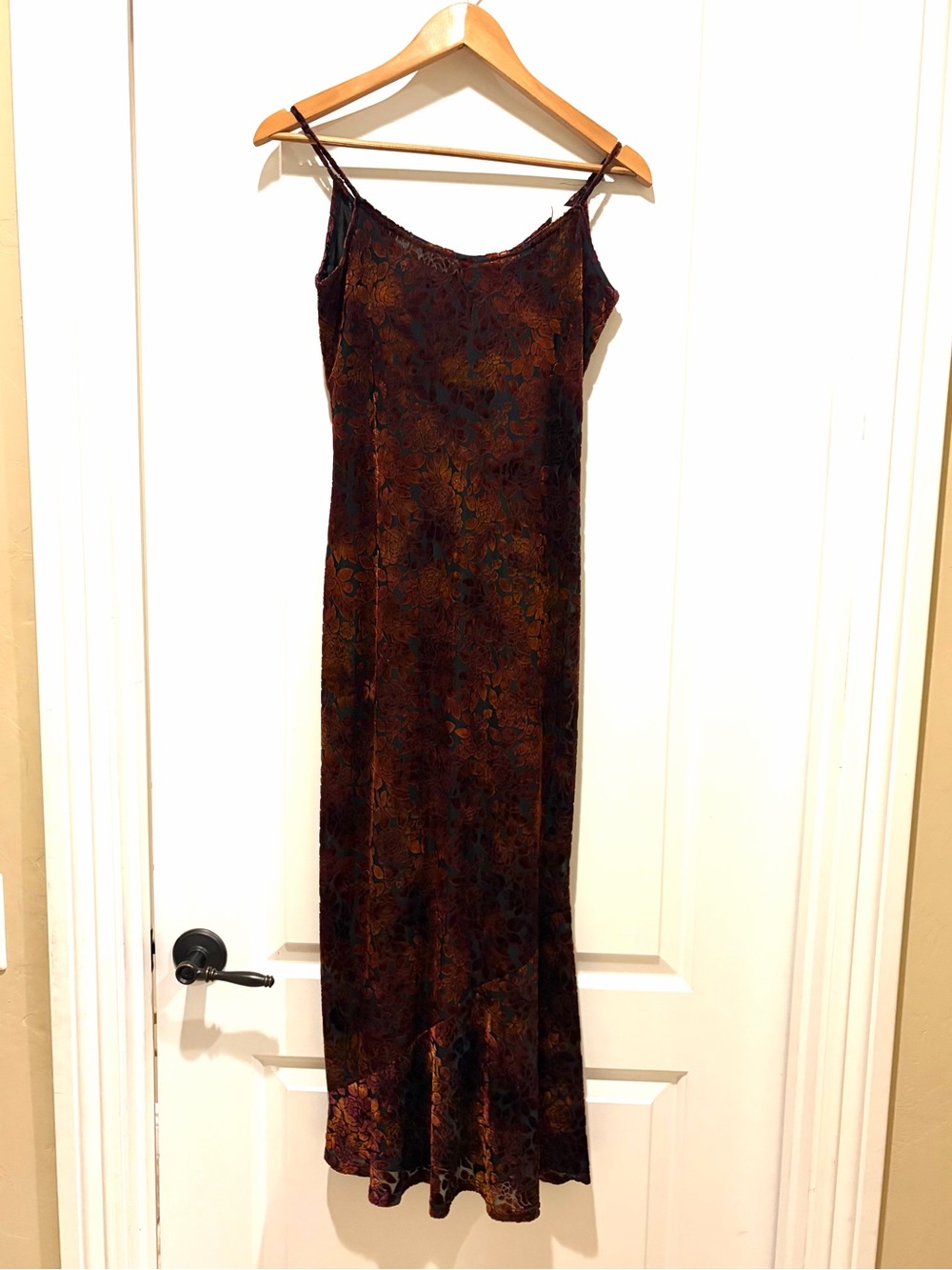 Vintage Y2K Burnout fabric midi dress in fall colors plum,black, terracotta